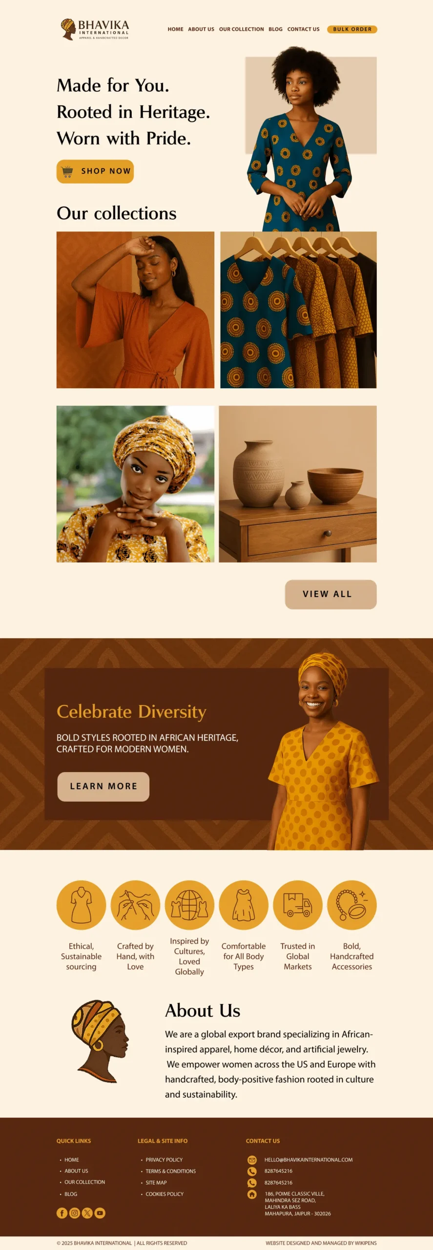 Bhavika International African-inspired fashion and home décor e-commerce website mockup featuring handcrafted apparel and bold cultural designs