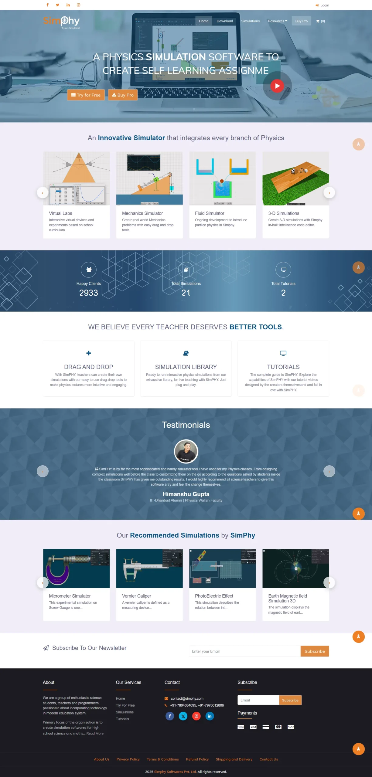 SimPhy physics simulation software website mockup featuring interactive virtual labs, mechanics simulator, fluid simulator, and 3D physics tools for teachers and students