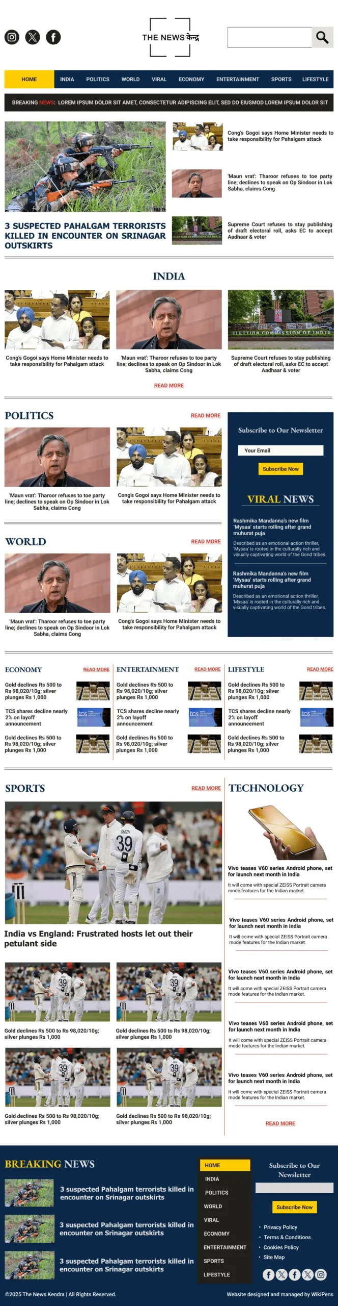 Responsive news website homepage design mockup for The News Kendra with trending headlines, categories, and newsletter signup section